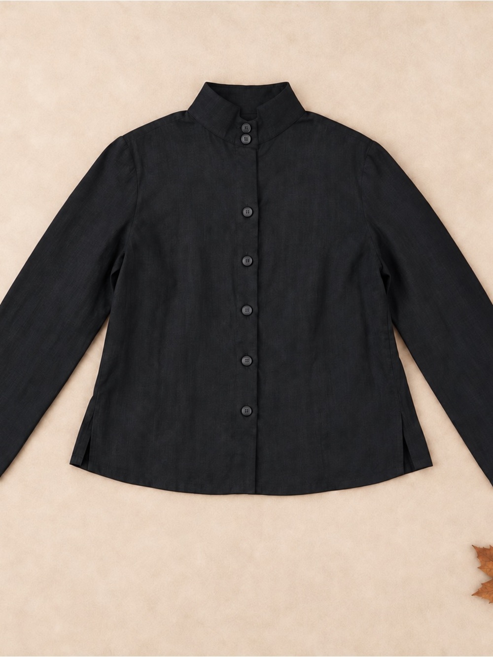 Flax 100% Linen Black Button-Front Mandarin Collar Shirt